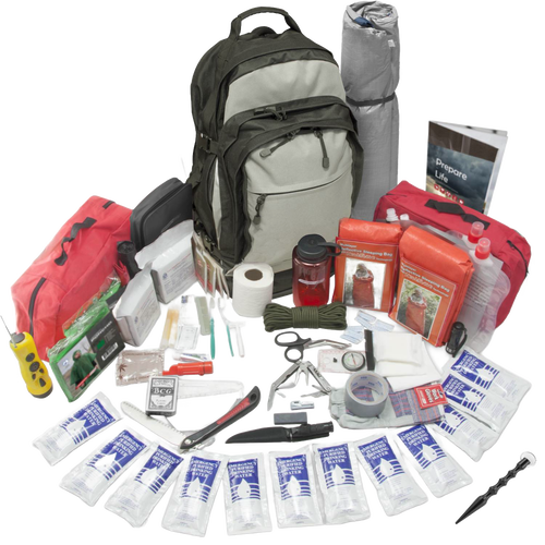 Olive and gray tactical backpack surrounded by organized emergency kits and survival gear including first aid supplies, water bottles, tools, and outdoor essentials for Farm, Garden & Tool and Emergency Supplies collections.
