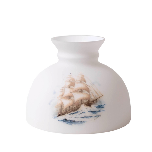 Handcrafted glass lamp shade featuring a detailed sailing ship design on white glass, ideal for Lamps & Lighting, Lamp Shades, Parts and Accessories, and Best Sellers collections.
