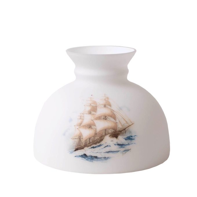 Handcrafted glass lamp shade featuring a detailed sailing ship design on white glass, ideal for Lamps & Lighting, Lamp Shades, Parts and Accessories, and Best Sellers collections.