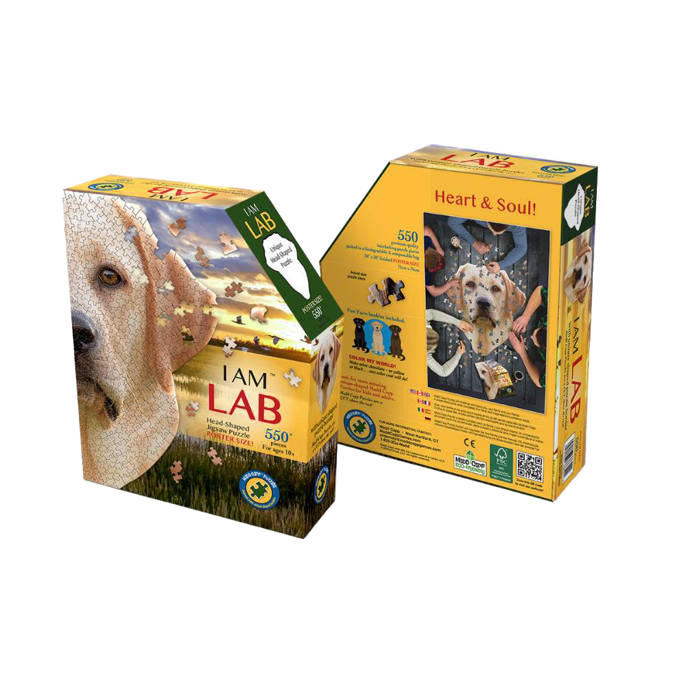 Handcrafted unique-shaped jigsaw puzzle featuring a Labrador retriever design with 550 pieces, made in USA, perfect for Toys, Books & Games, Children's Toys, Games and Puzzles collections.