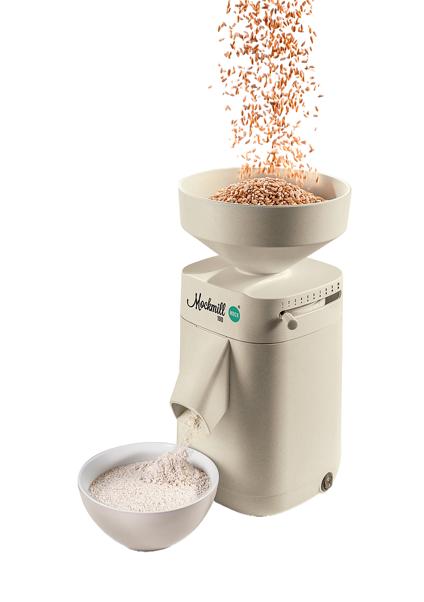 Electric stone grain mill in a smooth beige finish with large open hopper pouring wheat into the mill and fresh flour flowing into a white bowl, featured in Kitchen & Food, Grain Mills, Best Sellers, Promo Eligible, and New collections.