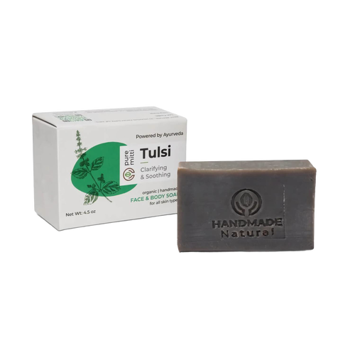 Handcrafted organic Tulsi clarifying bar soap with natural coconut oil, designed to soothe and tone skin, shown with minimalist box packaging, ideal for Health & Wellness and Soaps collections.