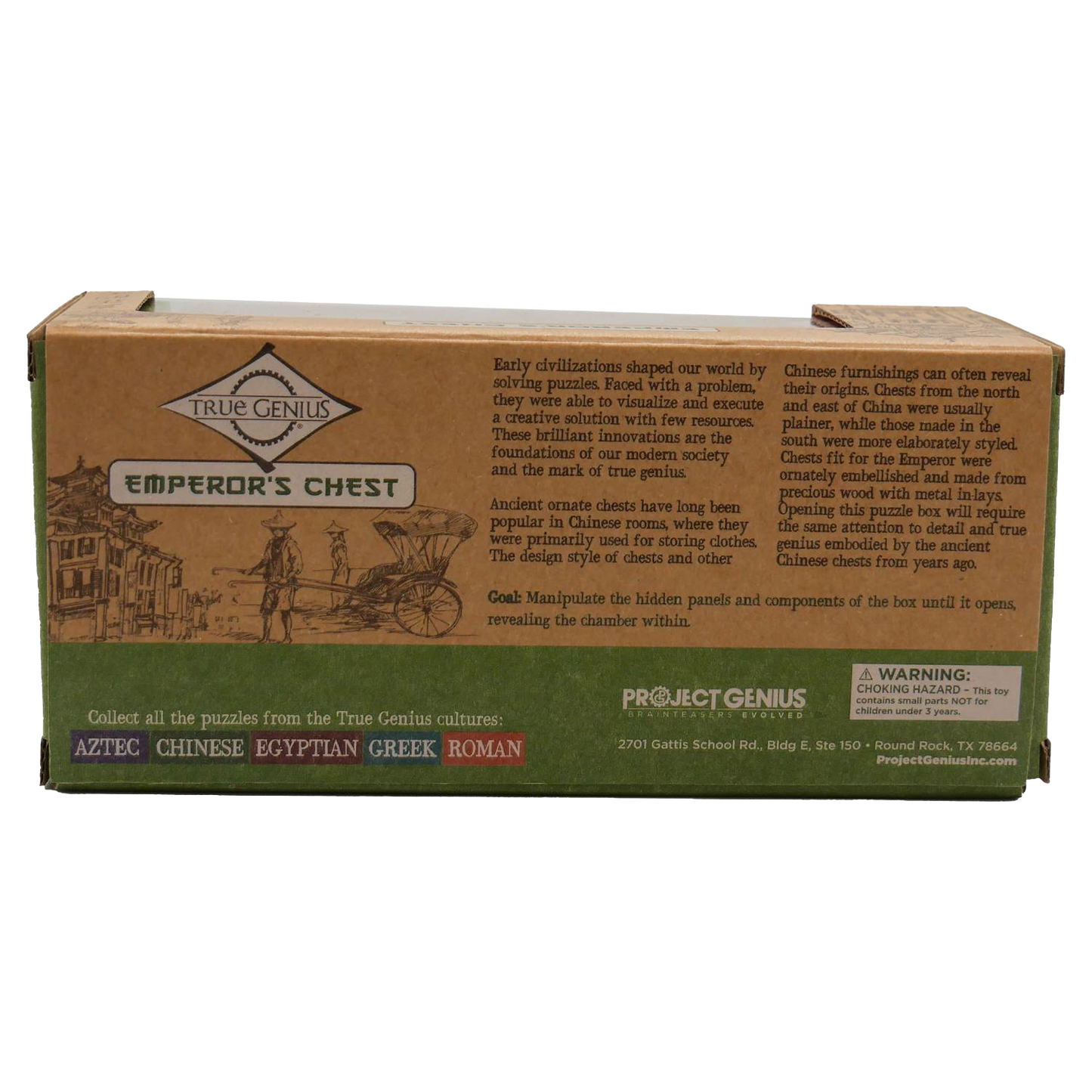 Cardboard packaging box for the Emperor's Chest brainteaser puzzle, featuring text about the puzzle's cultural history, design, and instructions, part of Toys, Books & Games collections.