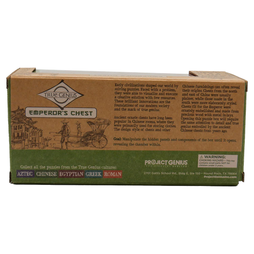 Cardboard packaging box for the Emperor's Chest brainteaser puzzle, featuring text about the puzzle's cultural history, design, and instructions, part of Toys, Books & Games collections.