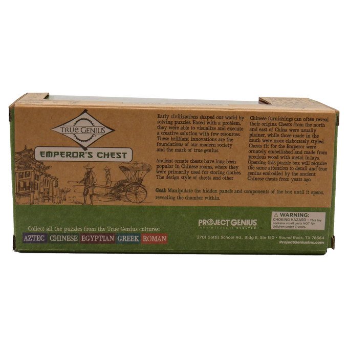Cardboard packaging box for the Emperor's Chest brainteaser puzzle, featuring text about the puzzle's cultural history, design, and instructions, part of Toys, Books & Games collections.