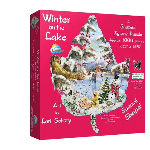 Brightly colored puzzle box featuring a handcrafted leaf-shaped jigsaw puzzle with a winter lake scene, eco-friendly materials, and recommended for ages 10 and up in USA made collections.