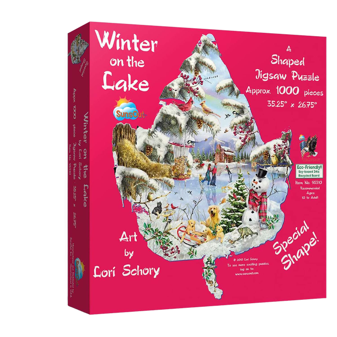 Brightly colored puzzle box featuring a handcrafted leaf-shaped jigsaw puzzle with a winter lake scene, eco-friendly materials, and recommended for ages 10 and up in USA made collections.