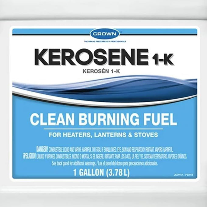 One-gallon container of clean burning 1-K kerosene fuel, made in USA, ideal for heaters, lanterns, and stoves; part of farm, garden, emergency, and lamp fuel supplies.