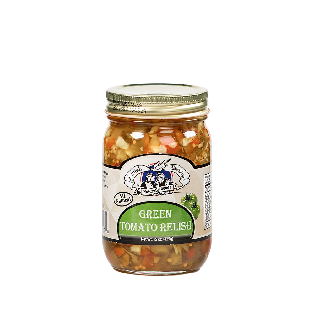 Clear 15-ounce jar of handcrafted green tomato relish with all-natural ingredients, made in USA, suitable for Kitchen & Food, Pantry, and Best Sellers collections.