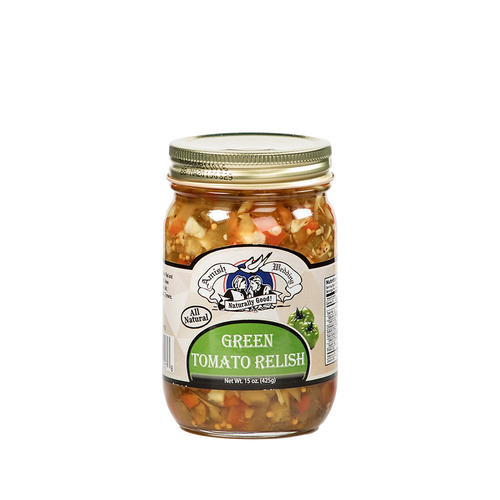 Clear 15-ounce jar of handcrafted green tomato relish with all-natural ingredients, made in USA, suitable for Kitchen & Food, Pantry, and Best Sellers collections.