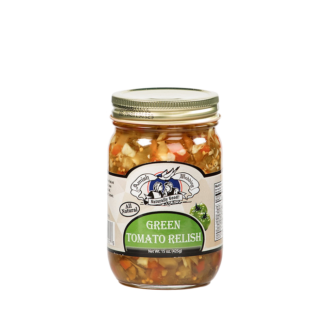 Clear 15-ounce jar of handcrafted green tomato relish with all-natural ingredients, made in USA, suitable for Kitchen & Food, Pantry, and Best Sellers collections.