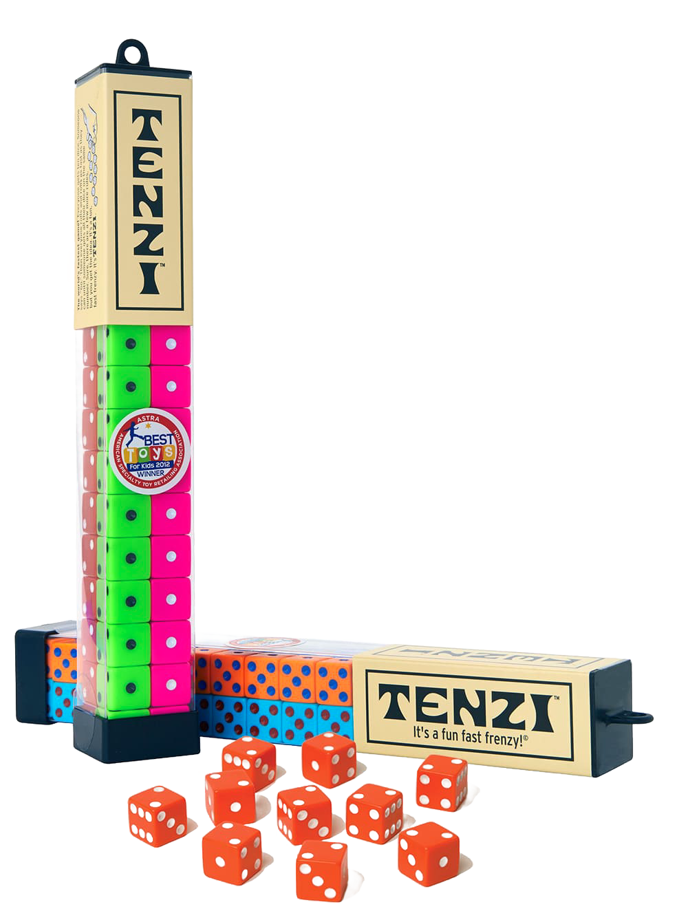 Set of colorful dice in transparent rectangular containers with beige labels and bold black lettering, accompanied by loose orange dice, featured in Toys, Books & Games and Table and Board Games collections.