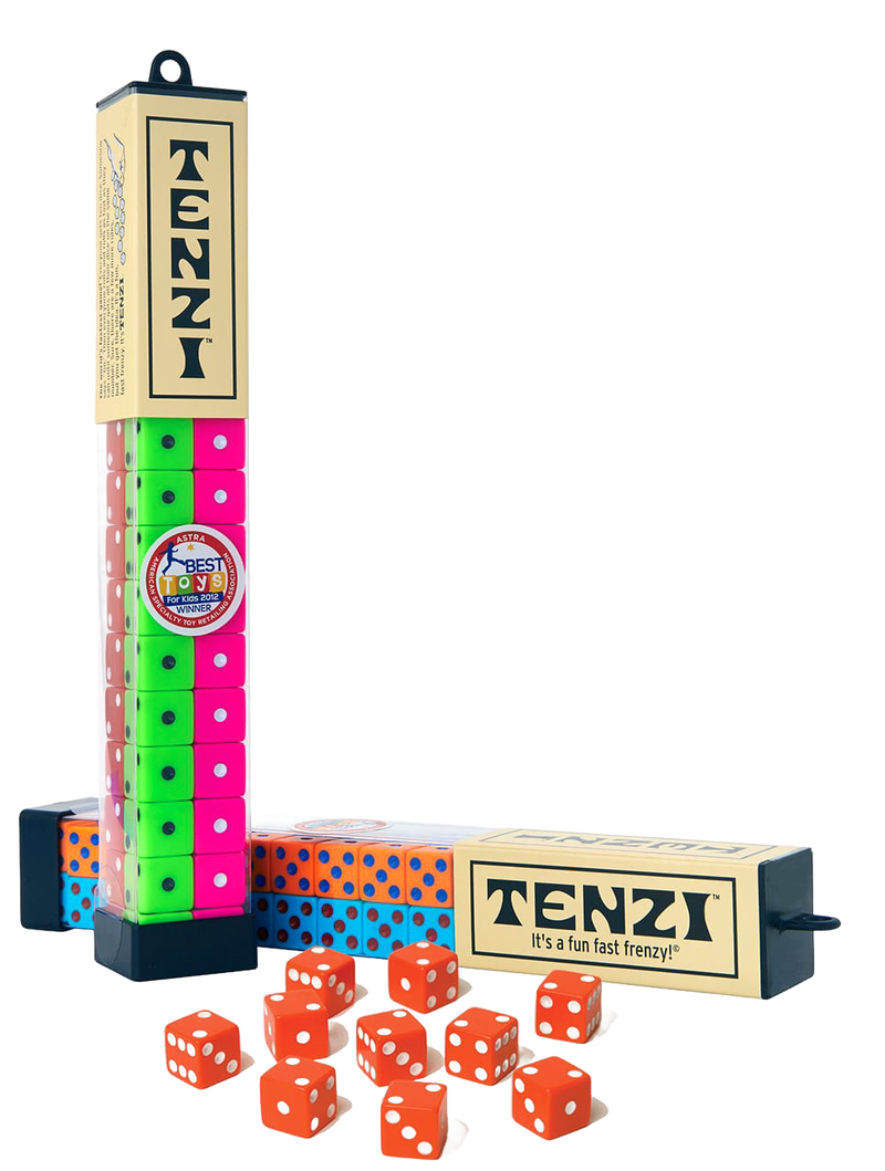 Set of colorful dice in transparent rectangular containers with beige labels and bold black lettering, accompanied by loose orange dice, featured in Toys, Books & Games and Table and Board Games collections.