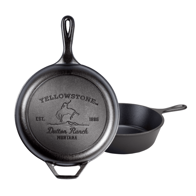 Set of two handcrafted cast iron skillets featuring a Bucking Bronco design with Yellowstone branding, made in USA, ideal for Kitchen & Food, Cookware, Cast Iron, USA Made, and Best Sellers collections.