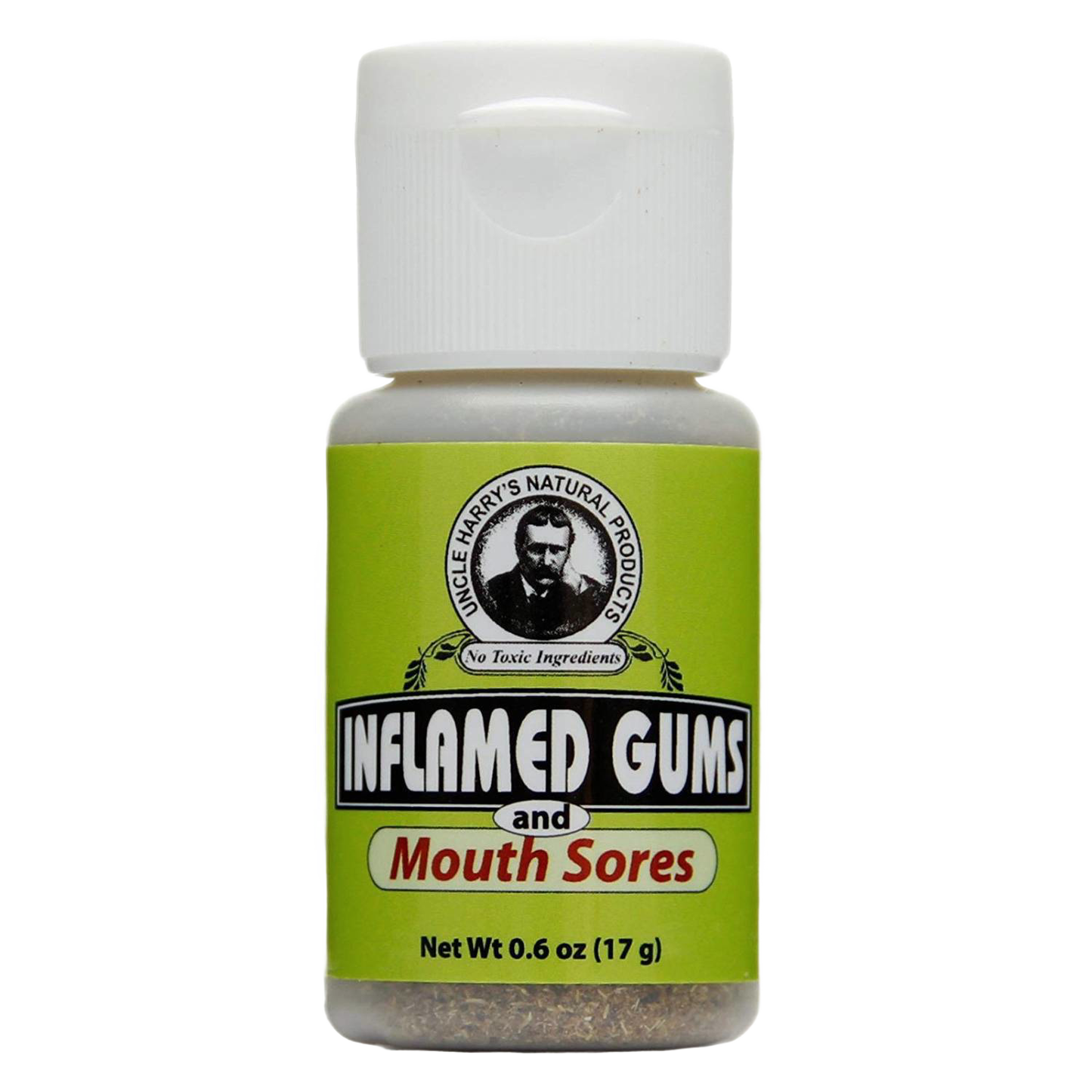 Small bottle of handcrafted tooth powder for soothing inflamed gums and mouth sores, made in USA, featured in Health & Wellness and Grooming collections.