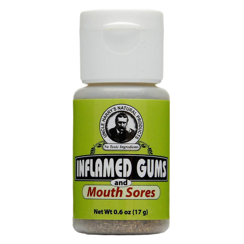 Small bottle of handcrafted tooth powder for soothing inflamed gums and mouth sores, made in USA, featured in Health & Wellness and Grooming collections.