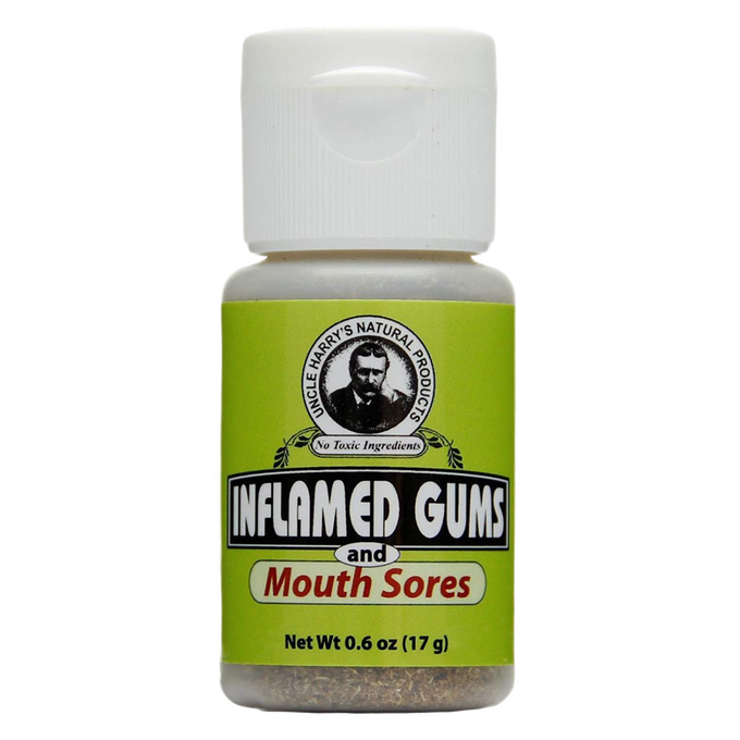 Small bottle of handcrafted tooth powder for soothing inflamed gums and mouth sores, made in USA, featured in Health & Wellness and Grooming collections.