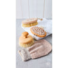 Set of natural wooden bath brushes and a textured exfoliating mitt arranged on a gray surface, ideal for stimulating circulation and skincare routines in Health & Wellness, Grooming and Personal Hygiene, Best Sellers, and Promo Eligible collections.
