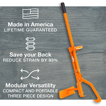 Orange ergonomic log handling tool with adjustable parts shown alongside text highlighting lifetime guarantee, 93% strain reduction, and compact modular design, featured in Farm, Garden & Tool and USA Made collections.