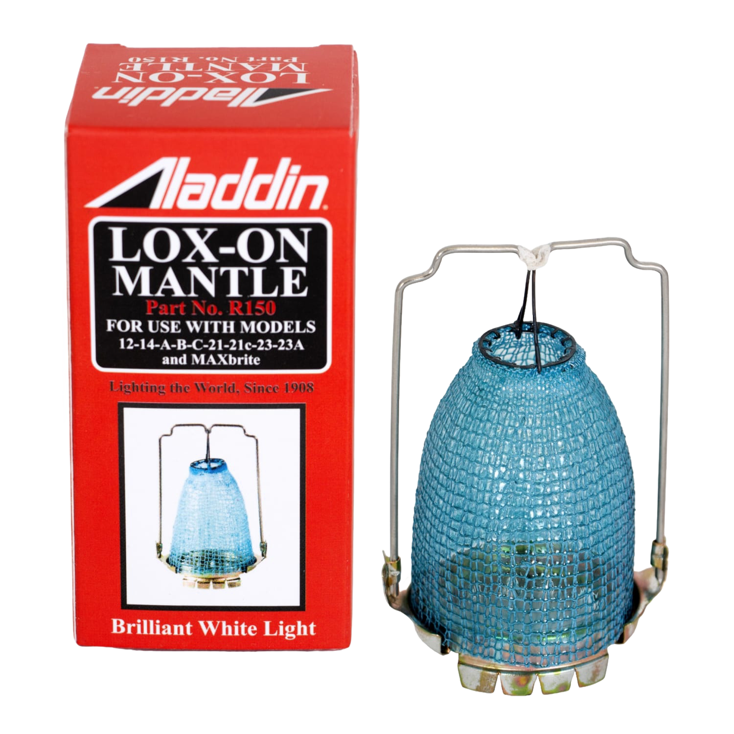 Red packaging box labeled for Aladdin Lox-On Mantle and a blue mesh mantle suited for various lamp models, part of Lamps & Lighting, Parts and Accessories, and Best Sellers collections.