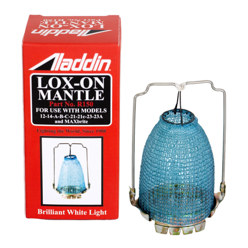 Red packaging box labeled for Aladdin Lox-On Mantle and a blue mesh mantle suited for various lamp models, part of Lamps & Lighting, Parts and Accessories, and Best Sellers collections.