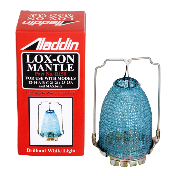 Red packaging box labeled for Aladdin Lox-On Mantle and a blue mesh mantle suited for various lamp models, part of Lamps & Lighting, Parts and Accessories, and Best Sellers collections.