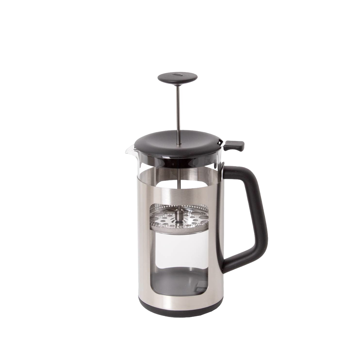 French press coffee maker with stainless steel frame, clear glass body, and black plastic handle and lid, ideal for Kitchen & Food, Brewing Coffee and Tea, and Best Sellers collections.