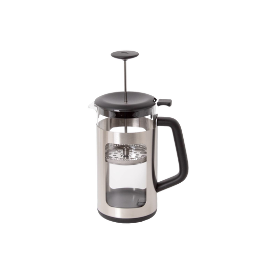 French press coffee maker with stainless steel frame, clear glass body, and black plastic handle and lid, ideal for Kitchen & Food, Brewing Coffee and Tea, and Best Sellers collections.