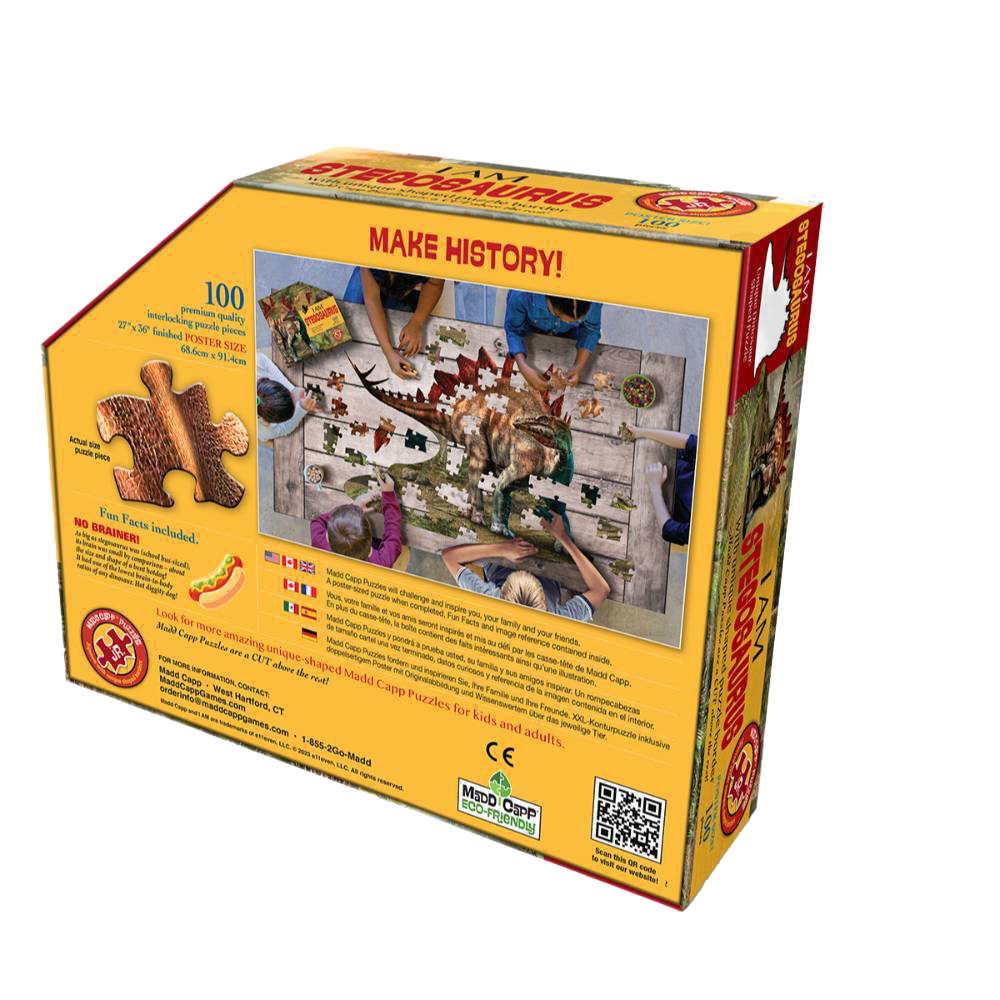 Yellow puzzle box featuring a shaped dinosaur jigsaw with 100 pieces, showcasing hands assembling the Stegosaurus image, part of Toys, Books & Games and Children's Toys collections.