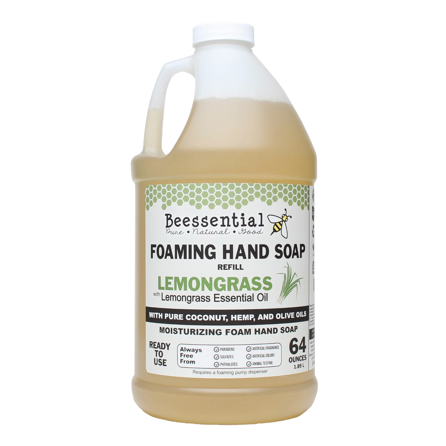 Handcrafted 64-ounce natural foaming hand soap refill scented with lemongrass essential oil, made in the USA with pure coconut, hemp, and olive oils, featured in Health & Wellness and Grooming collections.
