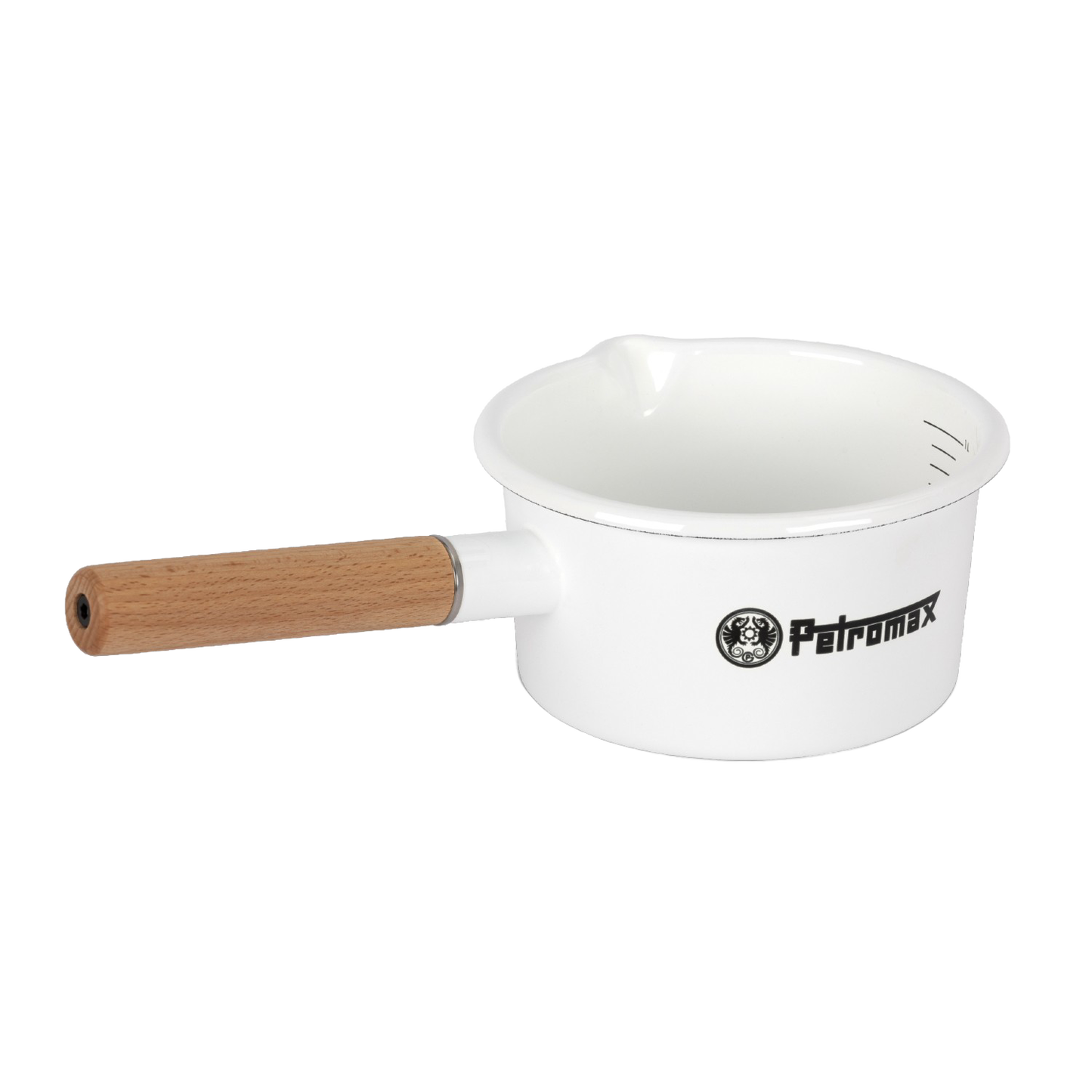 White enamel pan with natural wooden handle and interior liter measurement lines, featuring the Petromax logo, designed for durable outdoor cooking in Farm, Garden & Tool and Camping collections.