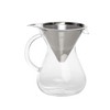Clear glass pour-over coffee carafe with a stainless steel reusable drip filter, designed for brewing rich, flavorful coffee in kitchen and food collections.