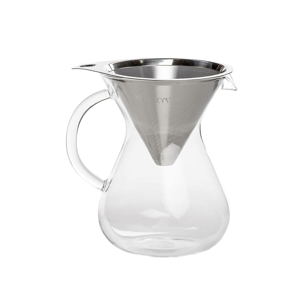 Clear glass pour-over coffee carafe with a stainless steel reusable drip filter, designed for brewing rich, flavorful coffee in kitchen and food collections.