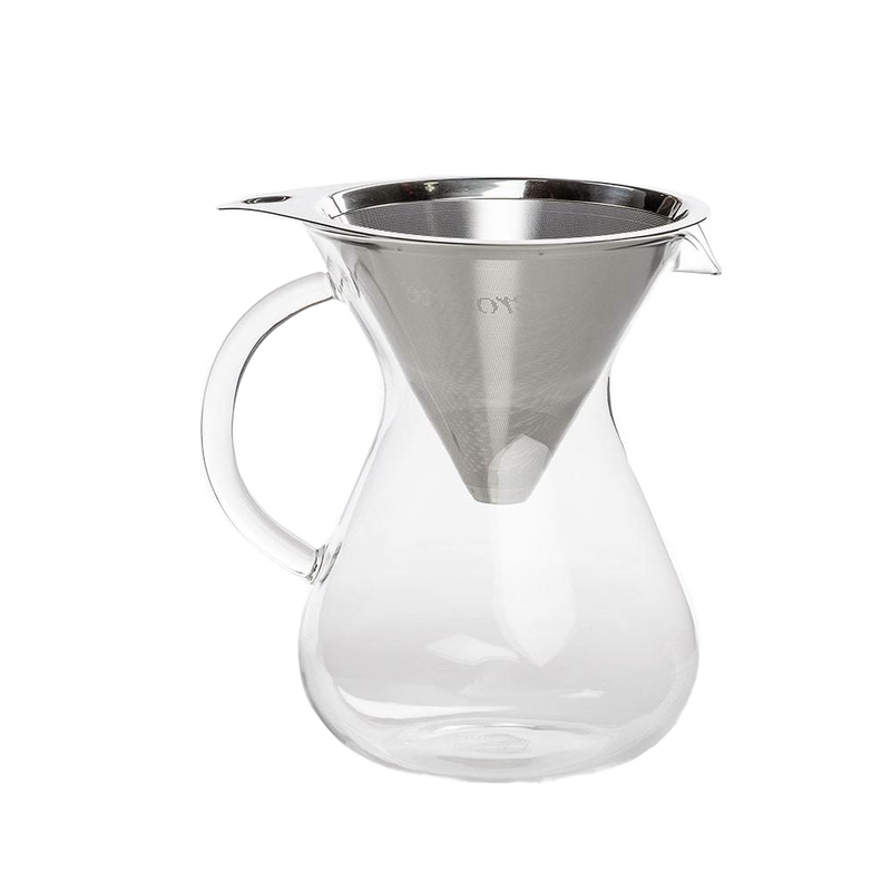 Clear glass pour-over coffee carafe with a stainless steel reusable drip filter, designed for brewing rich, flavorful coffee in kitchen and food collections.