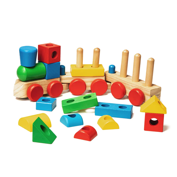 Brightly colored wooden stacking train with detachable cars and various geometric blocks for toddlers, part of Toys, Books & Games, Children's Toys, Indoor Play, Wooden Toys, and Best Sellers collections.