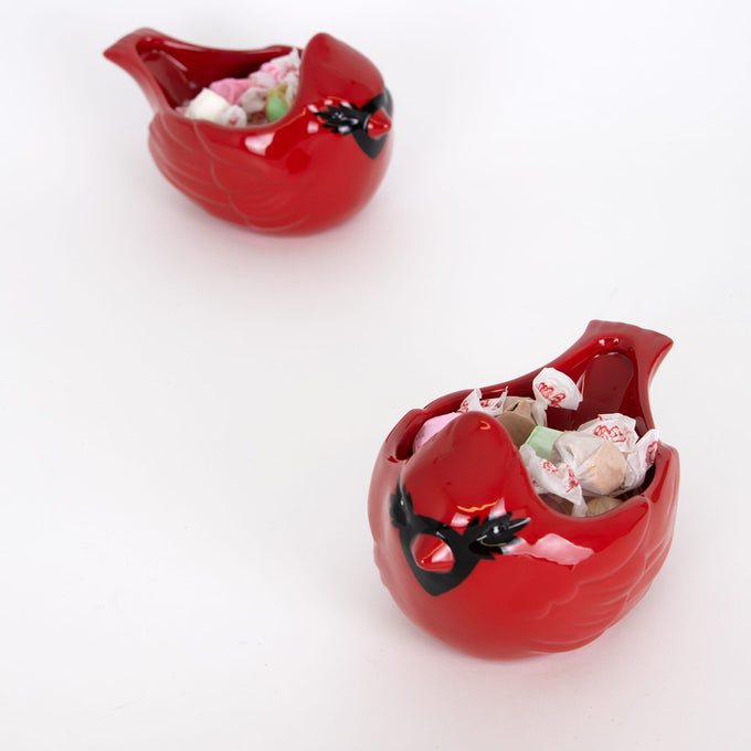Glossy red handcrafted cardinal-shaped bowl holding wrapped candies, ideal for festive holiday decor, kitchen serving, and featured in Home & Decor, Kitchen & Food, and Dinnerware collections.