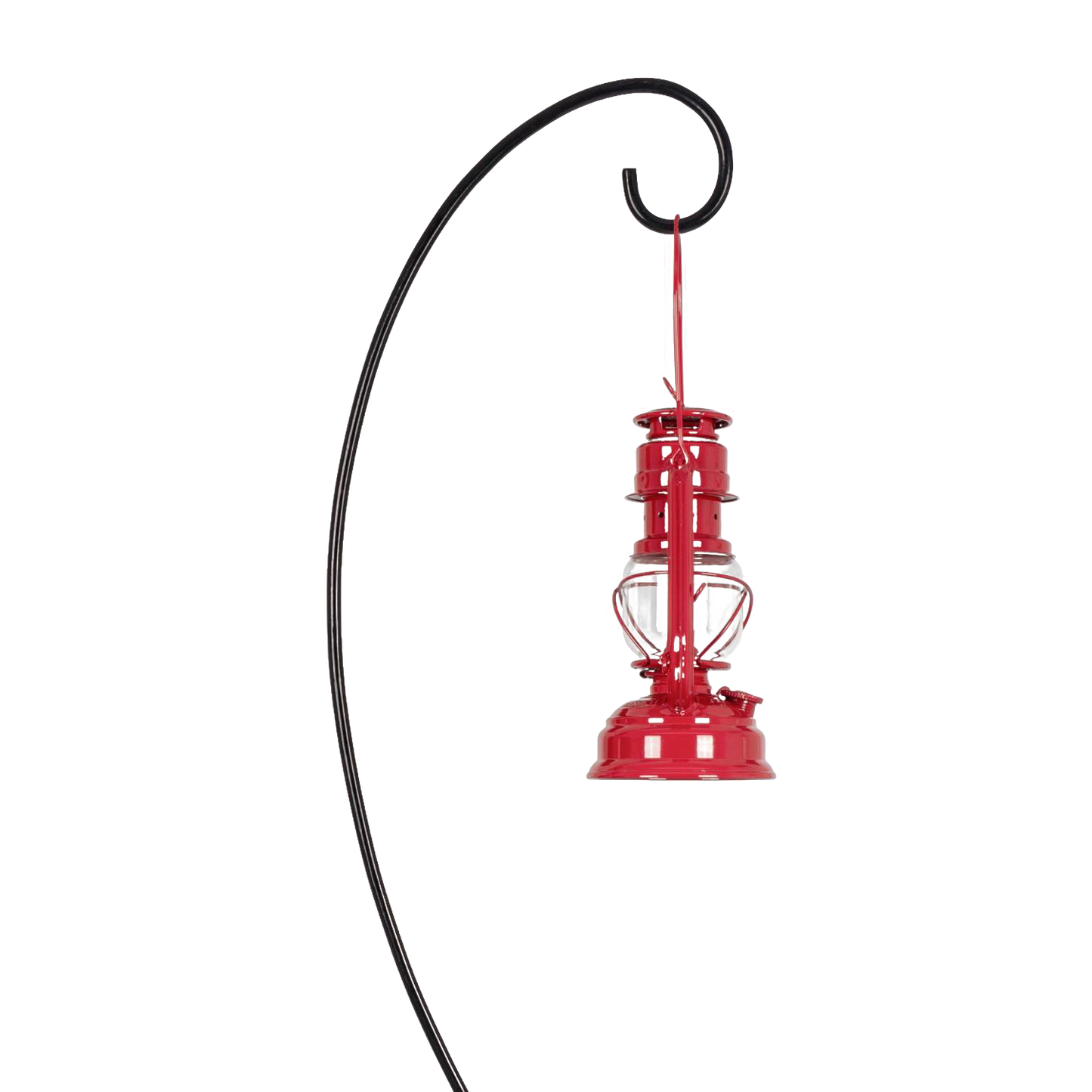 Black metal curved lantern hanger with a red hanging lantern, crafted for outdoor use and ideal for Lamps & Lighting, Camping, Emergency Supplies, and Barn collections.