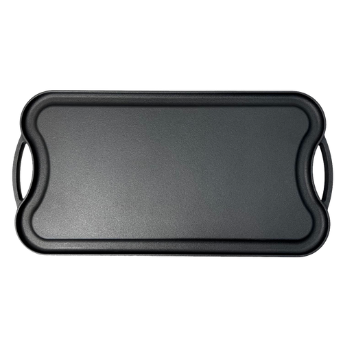 Unique handcrafted nitrided cast iron griddle with smooth surface and integrated side handles, designed for long-lasting stick-resistant outdoor cooking, featured in Farm, Garden & Tool, Kitchen & Food, Camping, Cookware, Cast Iron, and Best Sellers collections.