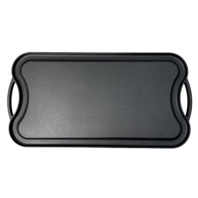 Unique handcrafted nitrided cast iron griddle with smooth surface and integrated side handles, designed for long-lasting stick-resistant outdoor cooking, featured in Farm, Garden & Tool, Kitchen & Food, Camping, Cookware, Cast Iron, and Best Sellers collections.