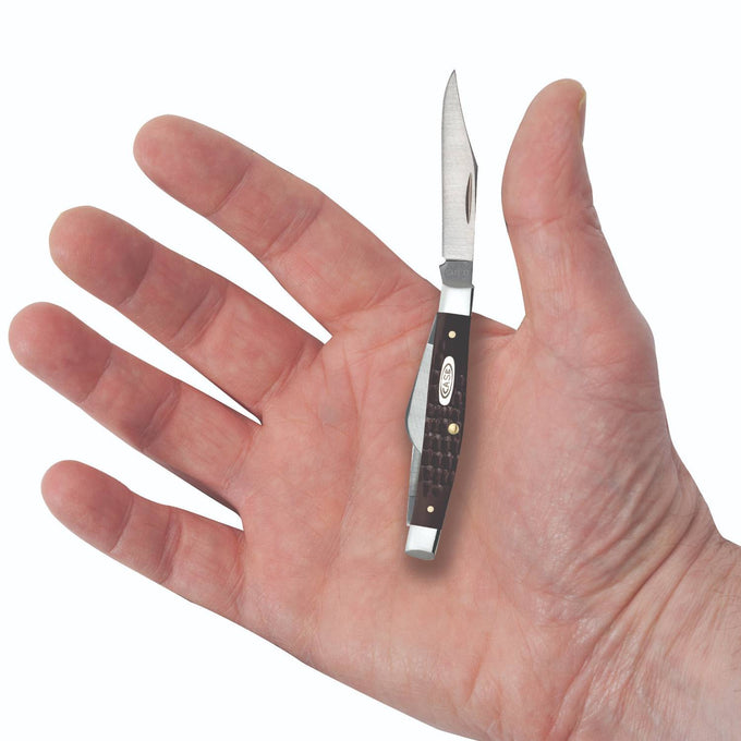 Compact traditional small stockman knife with brown synthetic handle and stainless steel blade, handcrafted in USA, featured in Pocket Knives and Best Sellers collections.