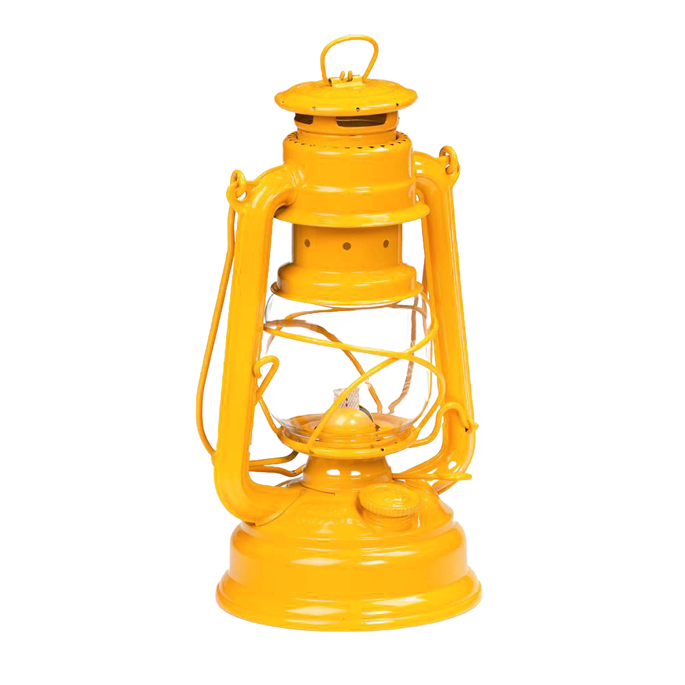 Unique handcrafted yellow galvanized oil lantern with robust metal frame, ideal for Lamps & Lighting, Camping, Emergency Supplies, and Outdoors collections.