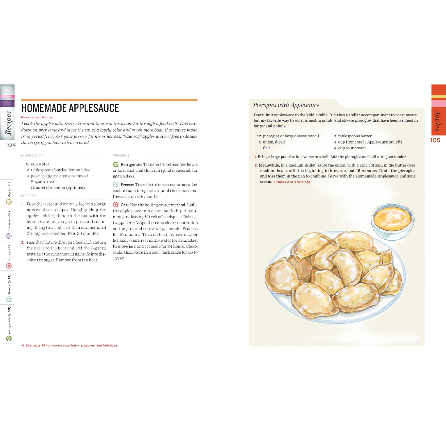 Open cookbook spread featuring a recipe for pierogies with applesauce, including detailed instructions and a watercolor illustration of a plate of pierogies with a small bowl of applesauce, from a handcrafted preserving guide in Toys, Books & Games, Books, and Canning and Preserving Books collections.