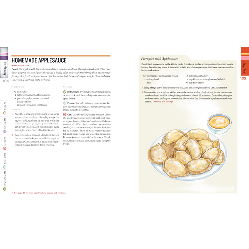 Open cookbook spread featuring a recipe for pierogies with applesauce, including detailed instructions and a watercolor illustration of a plate of pierogies with a small bowl of applesauce, from a handcrafted preserving guide in Toys, Books & Games, Books, and Canning and Preserving Books collections.