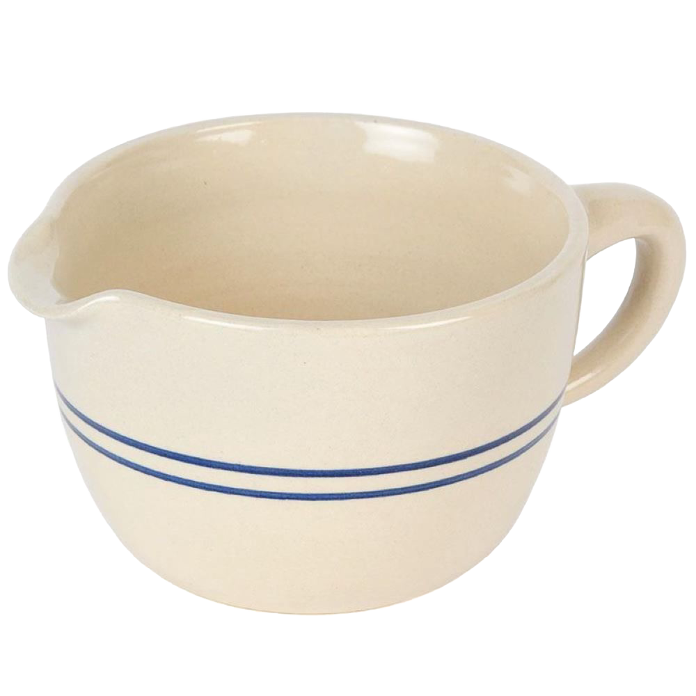 Handcrafted stoneware batter bowl in cream with two blue stripes, durable and functional for Kitchen & Food, Cookware, Baking Supplies, USA Made, Best Sellers, Promo Eligible collections.