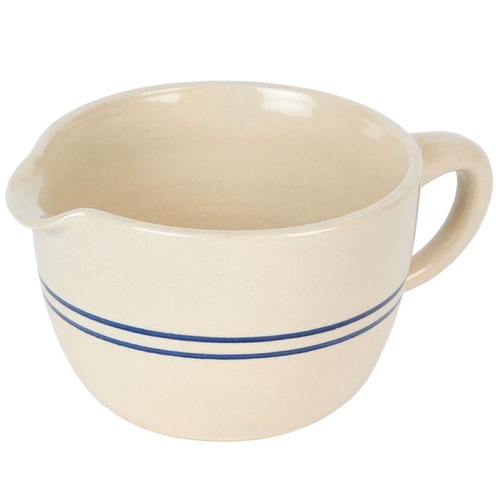 Handcrafted stoneware batter bowl in cream with two blue stripes, durable and functional for Kitchen & Food, Cookware, Baking Supplies, USA Made, Best Sellers, Promo Eligible collections.