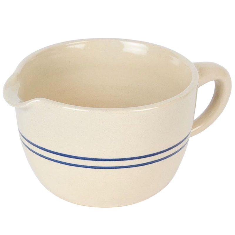 Handcrafted stoneware batter bowl in cream with two blue stripes, durable and functional for Kitchen & Food, Cookware, Baking Supplies, USA Made, Best Sellers, Promo Eligible collections.