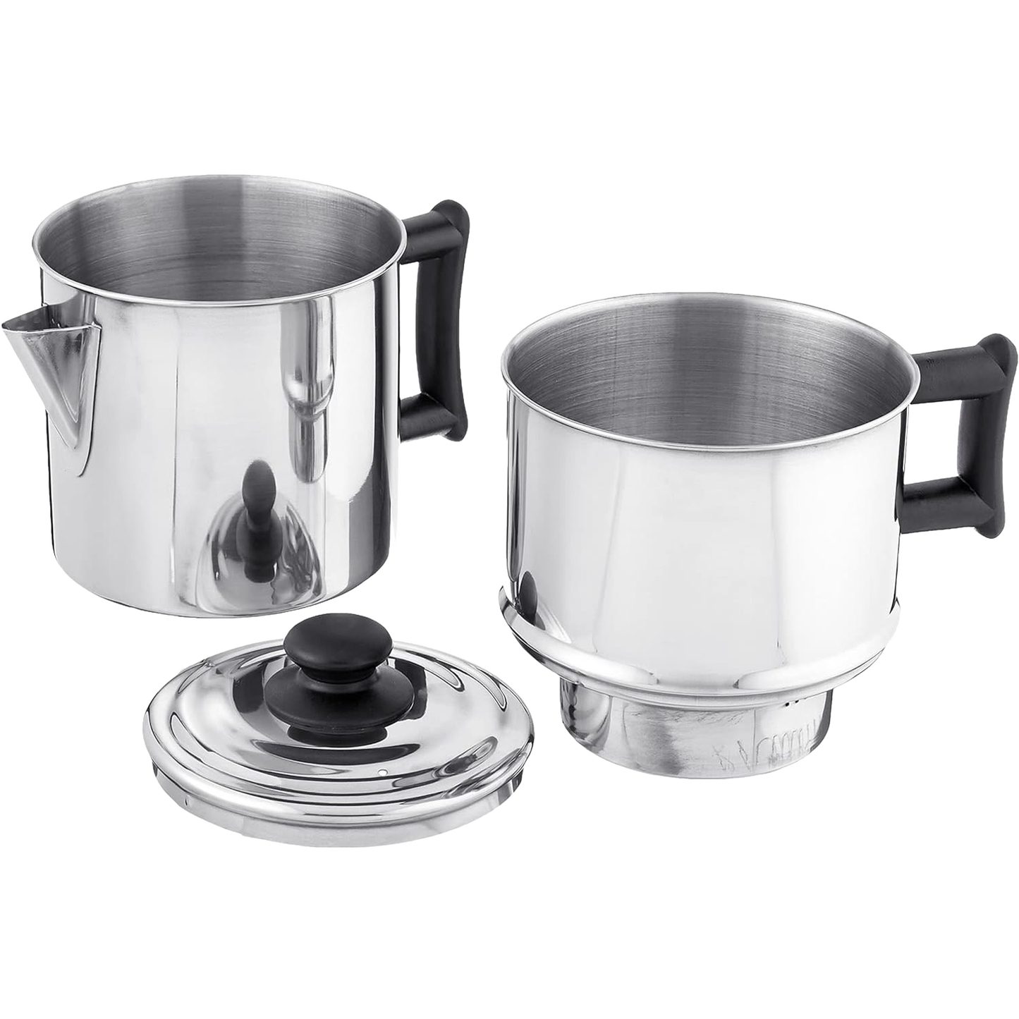 Two-piece stainless steel manual coffee brewing set with black handles and a removable lid, part of Farm, Garden & Tool, Kitchen & Food, Brewing Coffee and Tea, and Best Sellers collections.