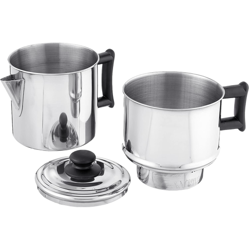 Two-piece stainless steel manual coffee brewing set with black handles and a removable lid, part of Farm, Garden & Tool, Kitchen & Food, Brewing Coffee and Tea, and Best Sellers collections.