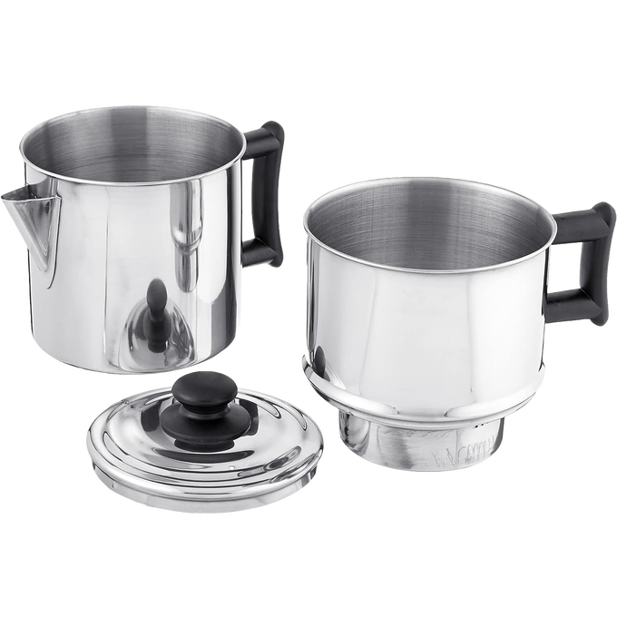 Two-piece stainless steel manual coffee brewing set with black handles and a removable lid, part of Farm, Garden & Tool, Kitchen & Food, Brewing Coffee and Tea, and Best Sellers collections.
