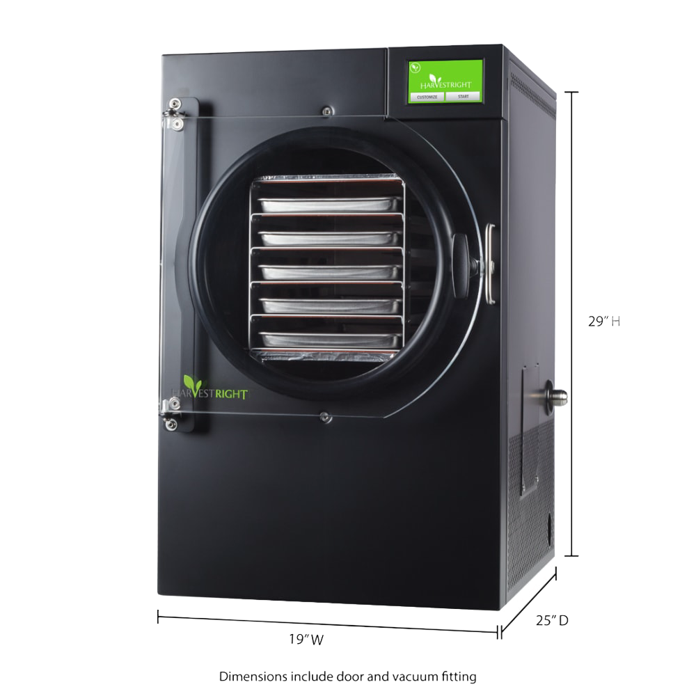 Professional black freeze drying machine with clear door showing multiple metal trays inside, designed for easy food preservation, part of Kitchen & Food, Food Preservation, Freezing, Drying, and Best Sellers collections.